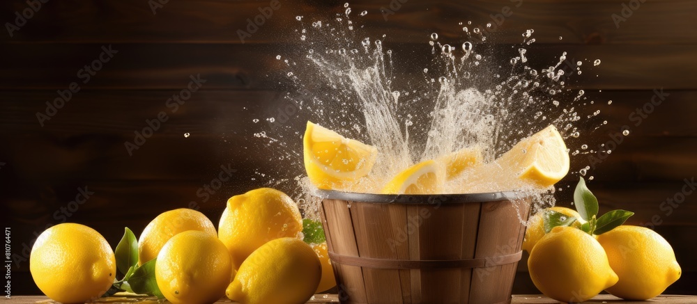 Poster a fresh lemon is being sprinkled from a basket over a wooden background in this copy space image
