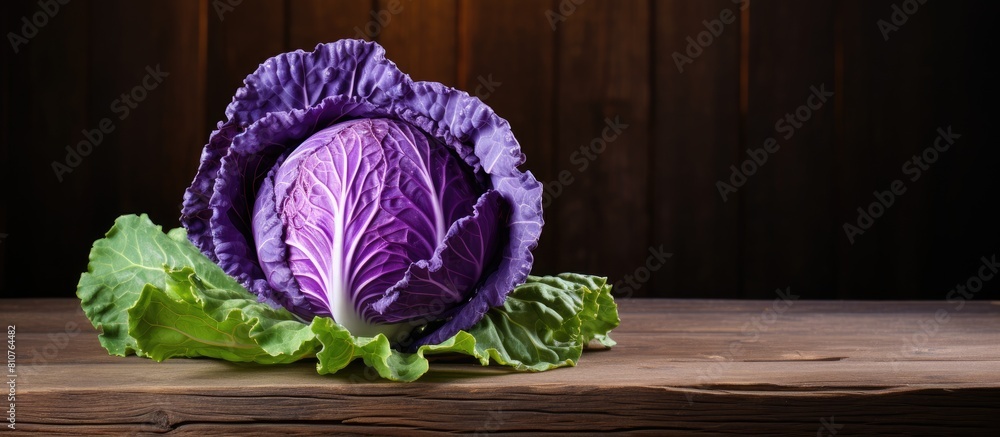 Poster a close up image of fresh purple cabbage over a wooden background providing ample copy space