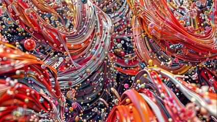 A digital abstract artwork with twisted red, orange and yellow strands resembling viscous lava flows, interspersed with multicolored bubbles and beads, creating a vibrant, dynamic composition.