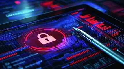 Obraz premium Esignature on a tablet using a digital pen, with a prominent secure lock icon for encryption and safety