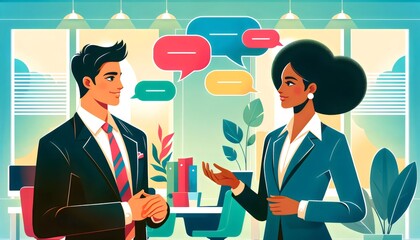 Collaborative Dialogue, a professional encounter between a man and a woman, both dressed in business attire, engaging in a constructive conversation