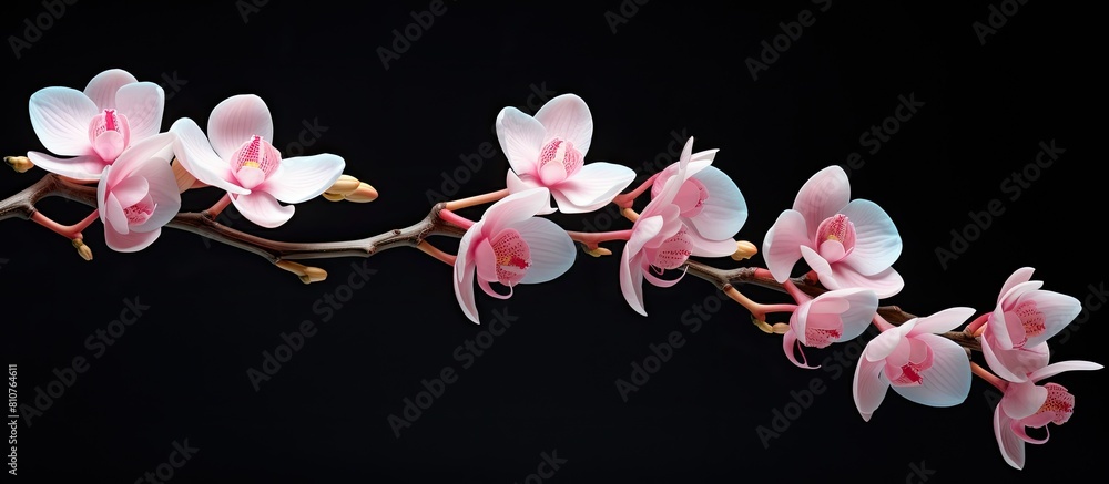 Poster A pink orchid branch displayed in a vase against a black background leaving empty space for an image. Creative banner. Copyspace image