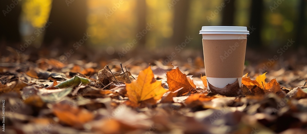 Aufkleber autumn leaves surround a discarded coffee cup on the ground creating a picturesque scene with plenty