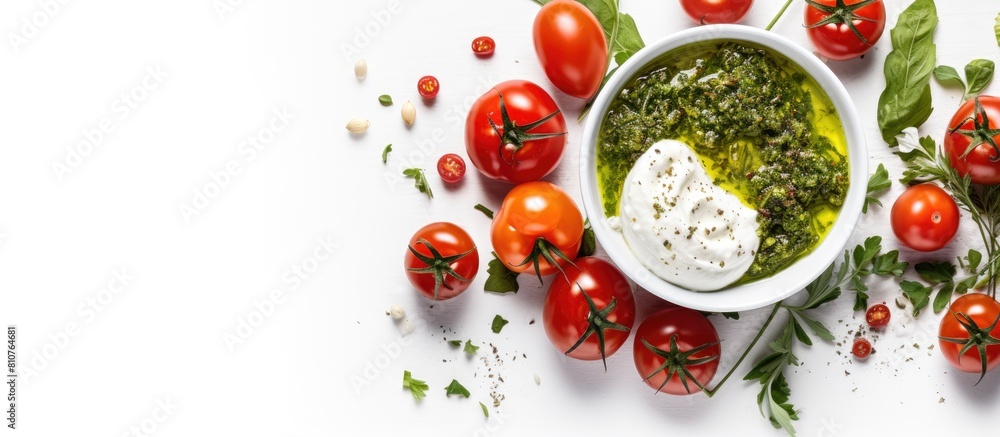 Poster top view of a bowl with a delicious burrata salad garnished with cherry tomatoes pesto spices and pr
