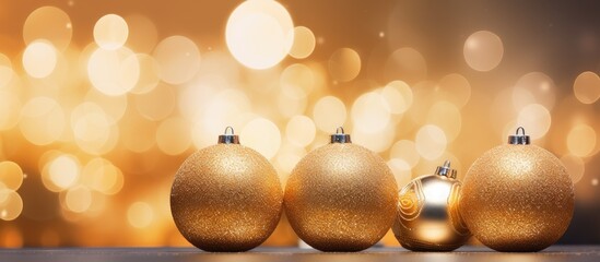 A golden background with sparkling effects showcases three Christmas balls in this copy space image