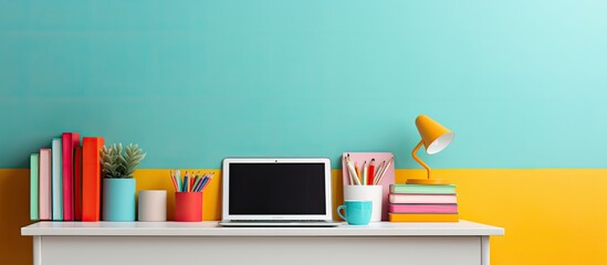 A cozy home office with a laptop placed on a desk against a colorful wall providing a comfortable and inviting work environment Copy space image