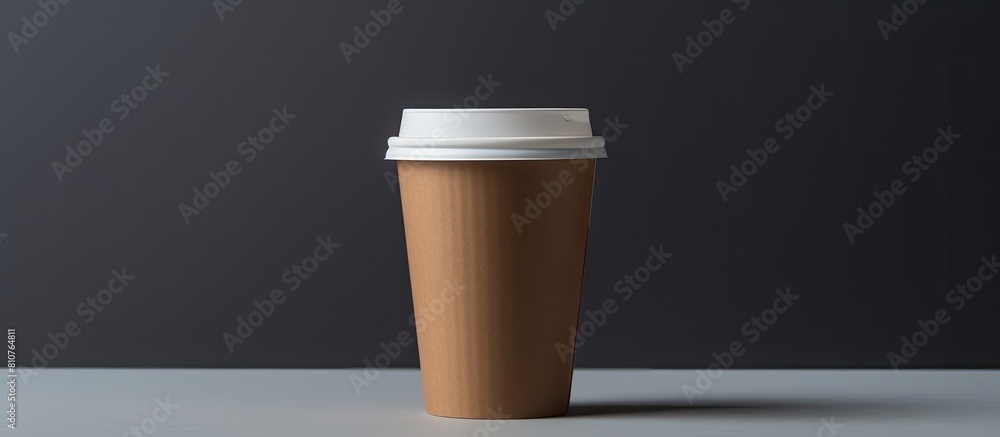 Poster A disposable coffee cup with a closed plastic lid designed to be easily recycled This takeaway drink is showcased in a flat lay on a gray background creating a mock up image with plenty of copy space