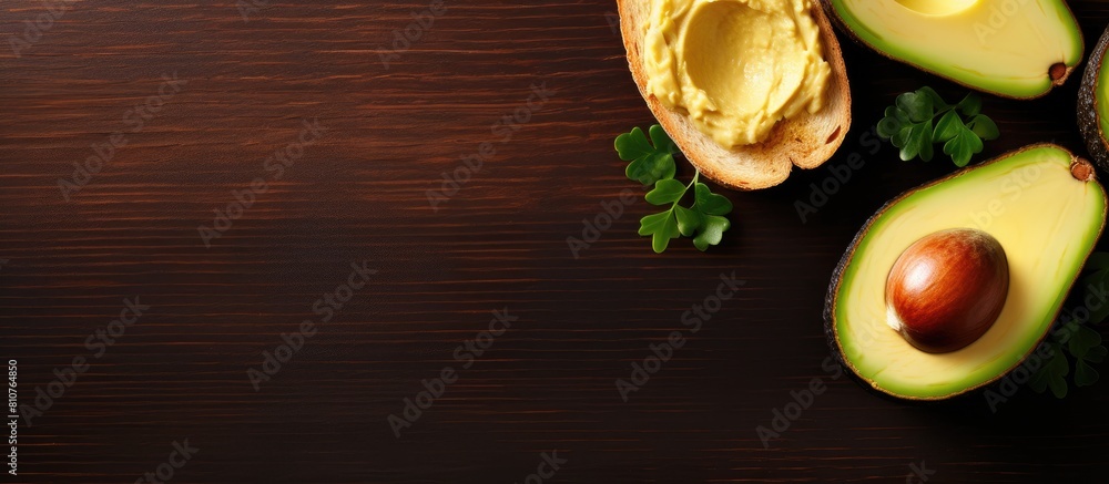 Poster A healthy concept for a food menu with an avocado sandwich on a toast seen from a top view against a food background There is copy space available