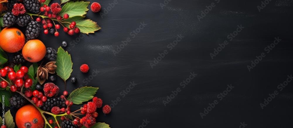 Aufkleber Top view of autumn berries and plants on a dark background creating an autumn inspired scene Copy space is available for adding text
