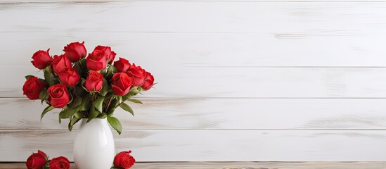 A copy space image featuring a vase of red roses set against a whitewashed wooden wall