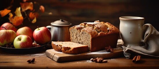 Fototapeta premium Autumn themed home bakery featuring a delectable cinnamon and apple bread Perfect for cozying up with a cup of tea or coffee Copy space image