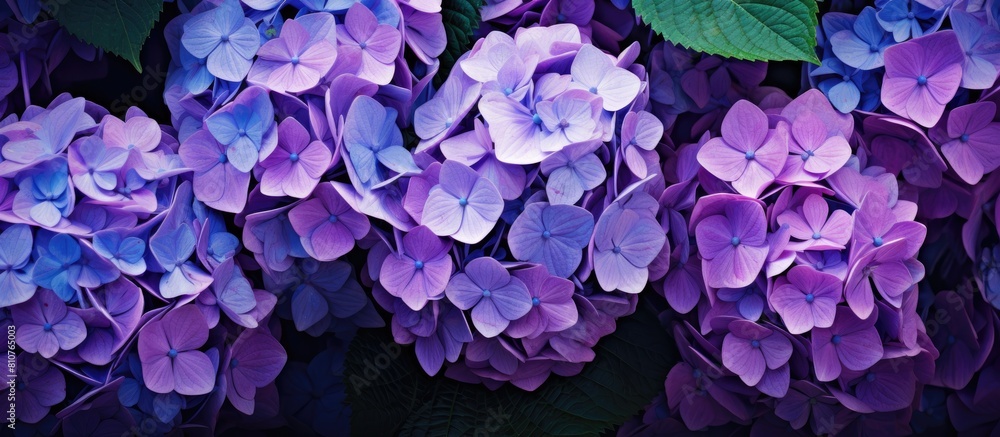 Poster a captivating copy space image featuring a panoramic view of vibrant purple hydrangea flowers set ag
