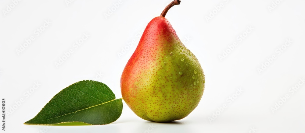 Aufkleber Close up of a pear with green and red tones positioned on a white background providing ample copy space in the image