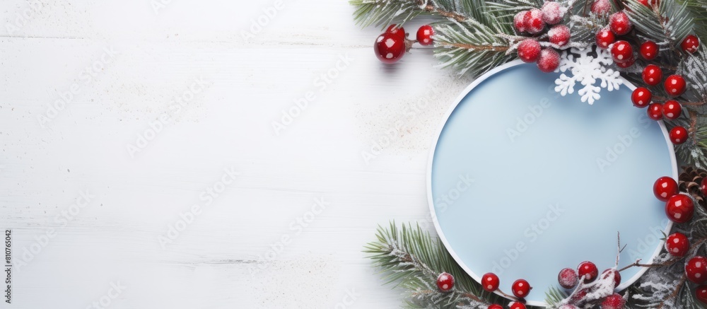 Poster a festive christmas composition with fir branches cones red decorative berries blue and white gift b