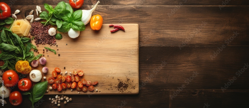 Poster wooden board with a top down view of vegetables scissors made of wood and pasta as ingredients ideal