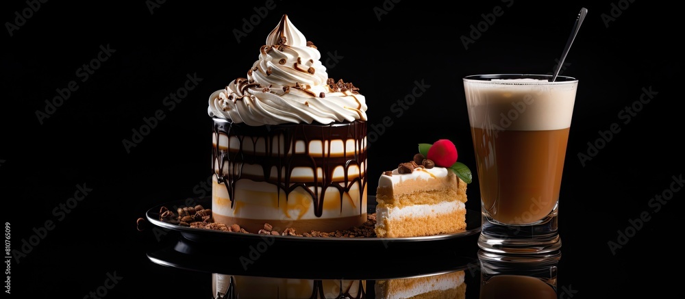 Poster on a reflective black background there is a coffee drink topped with whipped cream and accompanied b