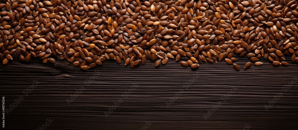 Poster A top down view of golden and brown flax seeds on a dark wooden surface creating a visually appealing copy space image