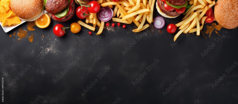 Poster Top view of American fast food on a grey background creating ample copy space for any additional images or text