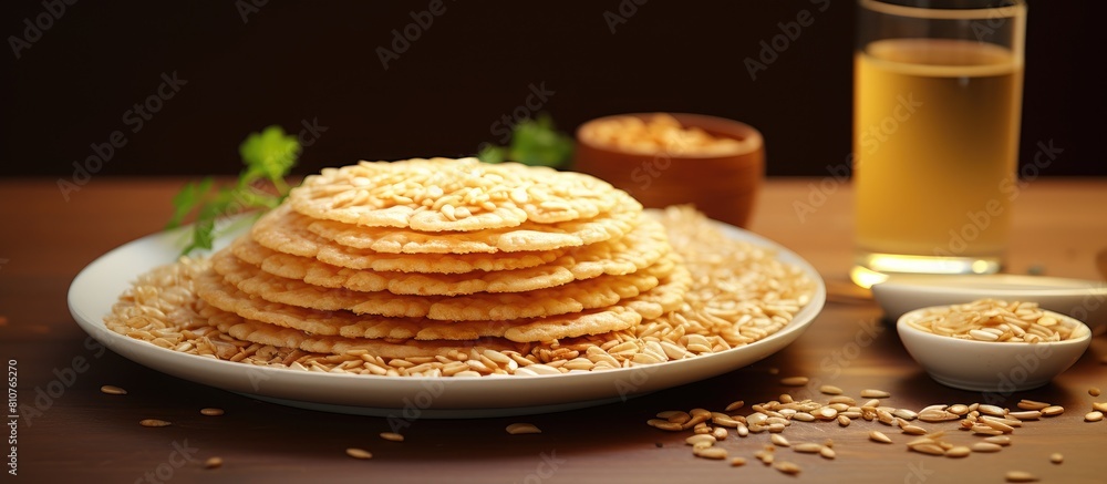 Poster a plate of puffed rice pancakes is placed on the table ready to be enjoyed 83 characters. creative b