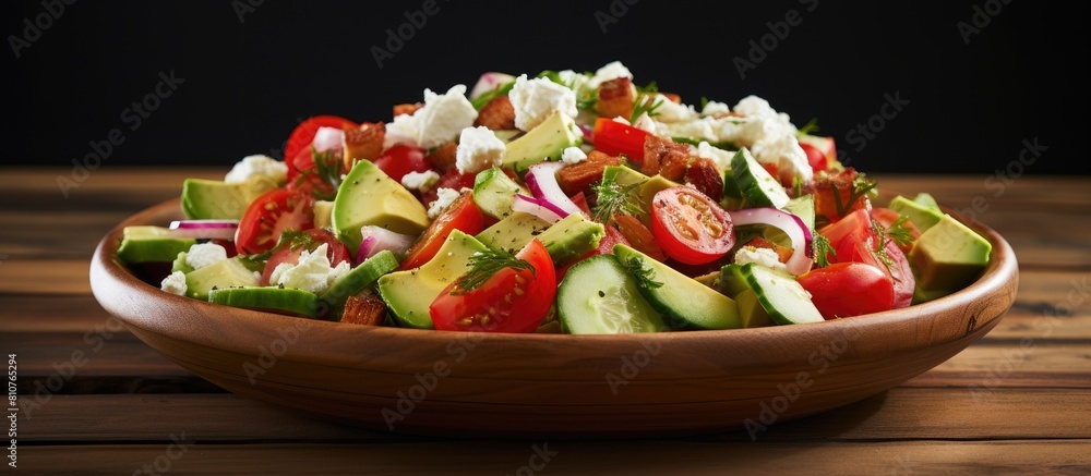 Poster a copy space image of a healthy vegan summer salad with a variety of fresh vegetables like sliced av