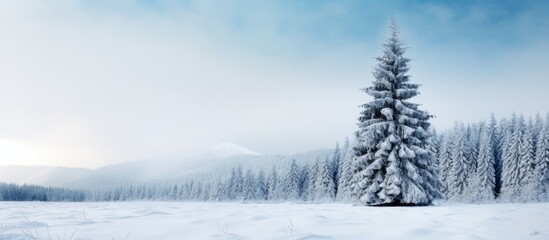 Winter sky provides a milky backdrop for a snow covered evergreen fir tree creating a captivating copy space image