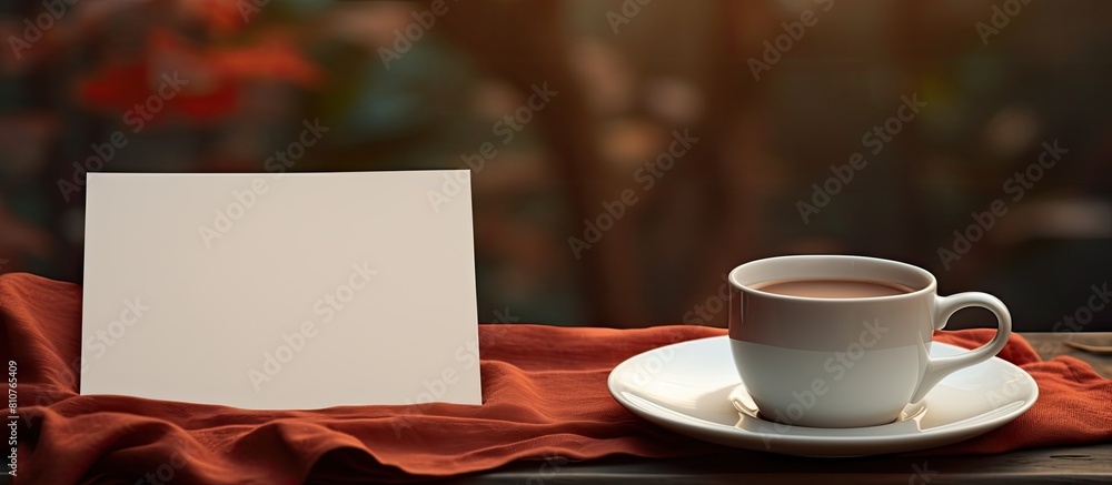 Poster copy space image of a coffee cup on a fabric background with a blank card and tray nearby