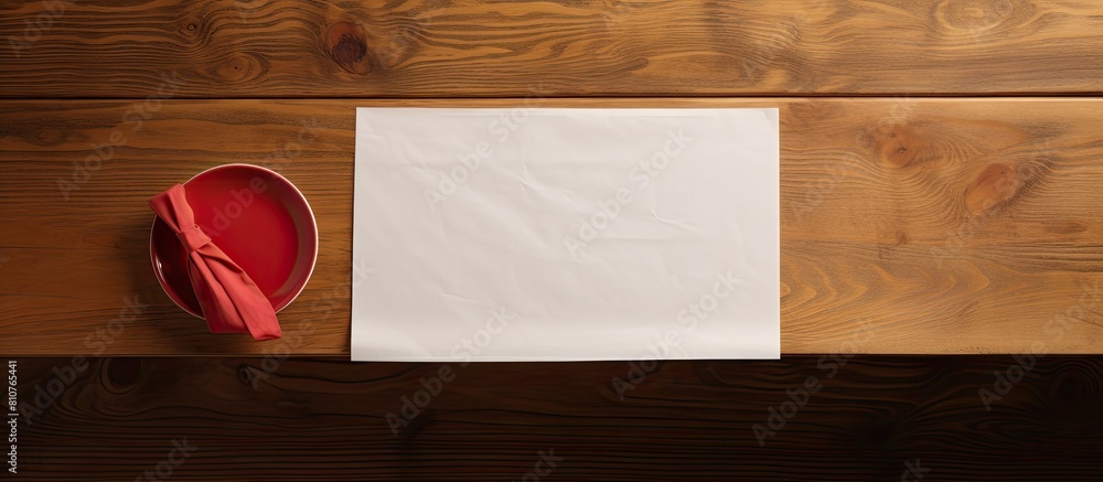 Poster Top down view of a wooden table displaying a paper napkin adorned with a phone number and a lipstick mark Ample space is available for text in this image