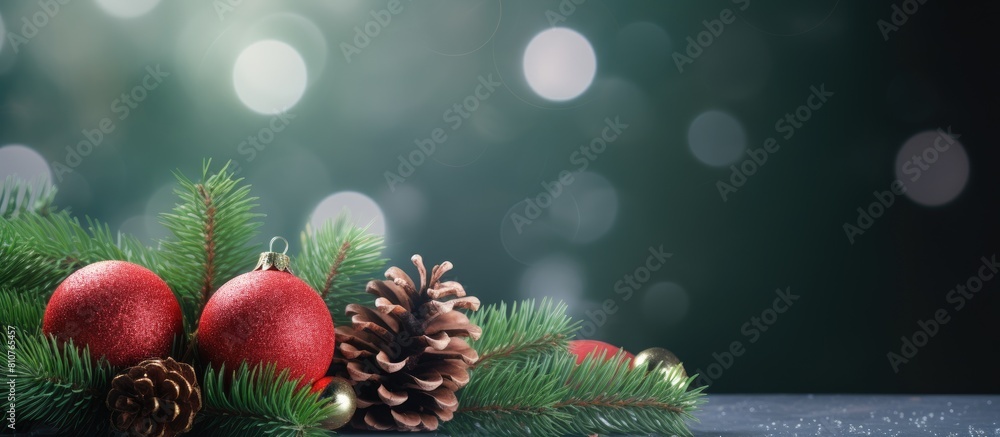 Poster Christmas tree twigs cones balls and bokeh create a festive holiday background with an appealing copy space image