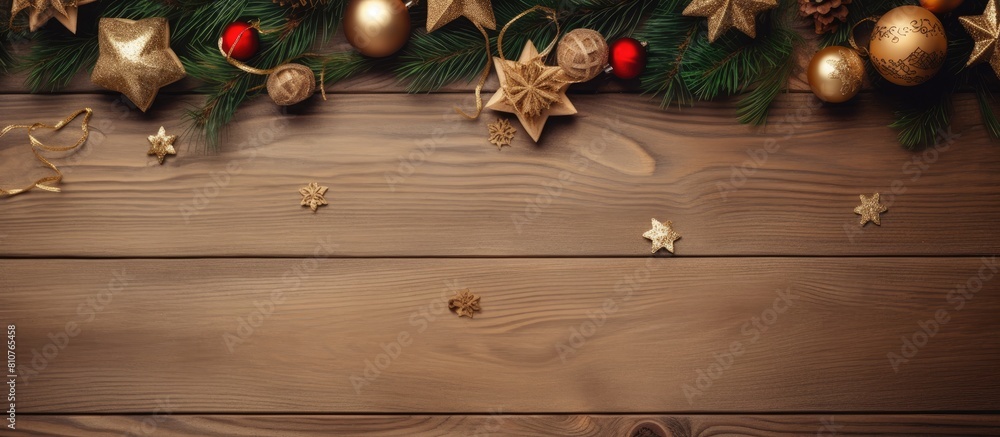 Poster a wooden background with festive decorations conveying a christmas greeting card and new year concep