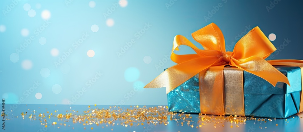 Leinwandbilder festive concept with a gift adorned by a large blue bow on a blue background featuring sequins copy 