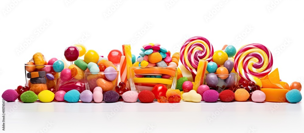 Poster a vibrant assortment of candy arranged against a white background with ample copy space image