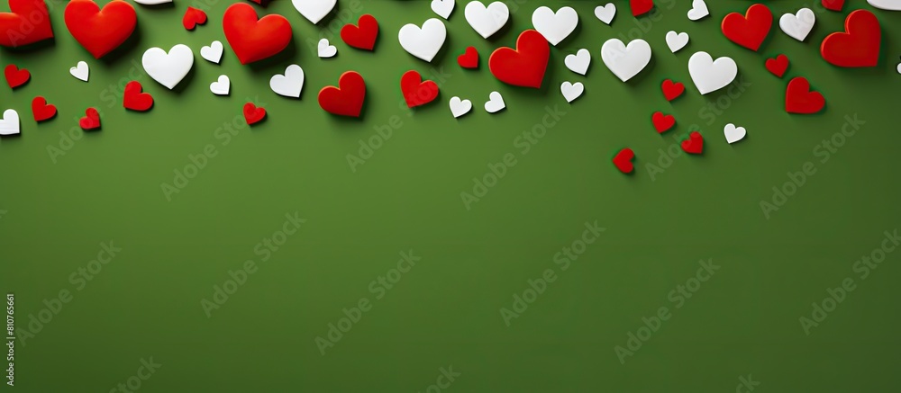 Poster Top view of a green background adorned with red and white hearts creating a delightful Valentine s Day scene The image features a flat lay composition with an empty space for text or other elements