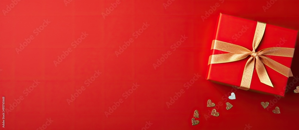 Poster a top down view of a gift box placed on a vibrant red background with plenty of room around it for a
