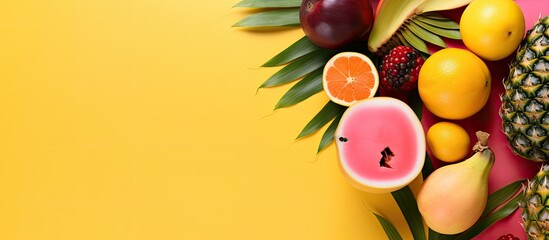 Exotic summer fruits like pineapple papaya coconut and mango arranged on a pink background This flat lay image showcases the vibrant colors of tropical fruits and leaves enough room for additional te