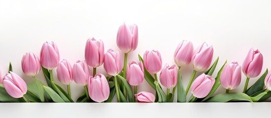 Obraz premium A beautiful arrangement of fresh Pink Tulips blossoms on a pristine white backdrop Perfect for Easter Valentine s Day springtime Mother s Day or any occasion Plenty of copy space available for text