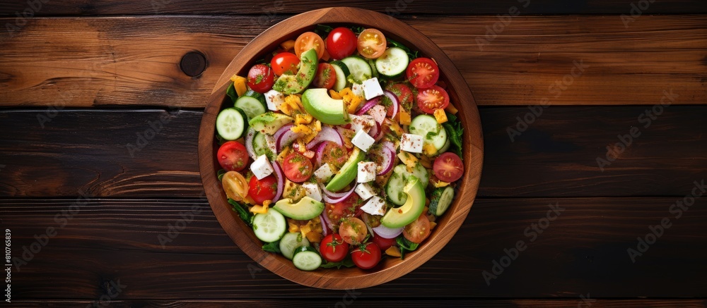 Poster a copy space image of a healthy vegan summer salad with a variety of fresh vegetables like sliced av