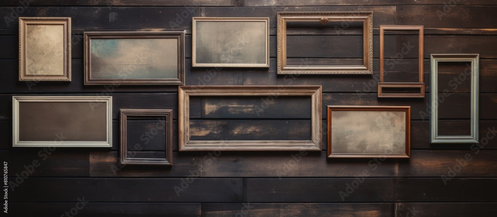 Aufkleber Decorative photo frames arranged on a wooden table adding an aesthetic touch to the surrounding area The composition provides ample copy space for images