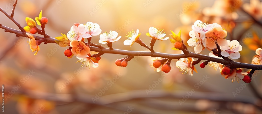 Poster a beautiful nature scene showing an apricot tree in full bloom with spring flowers on the branches t