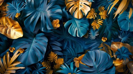 Close-up of Monstera leaves and lush ornamental plants, highlighted in gold and blue against a rainforest backdrop, invoking beach travel