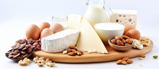 A balanced diet consisting of protein rich foods like cottage cheese eggs and nuts on a white...