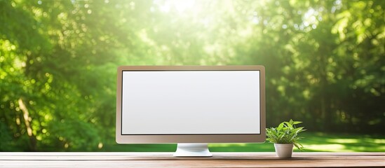 A blank screen computer monitor sits on a wooden table against a blurred green summer backdrop offering ample copy space