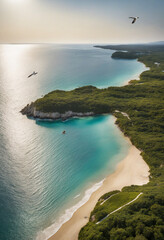 Obraz premium Summer sea background with seagulls and islands viewed from the sky, Paradise Island With Beach 