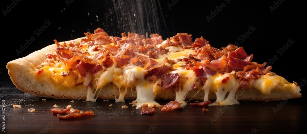 Poster A delicious slice of pizza topped with crispy bacon and melted cheese perfect for a copy space image