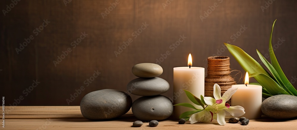 Aufkleber a serene arrangement of candles and spa stones on a wooden backdrop creates a captivating copy space
