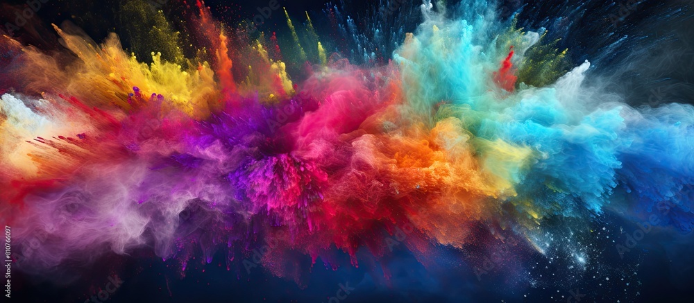 Poster A vibrant abstract explosion of multicolored powder particles creating a mesmerizing background with a freeze frame effect The image captures the dynamic motion of exploding color powder creating a s