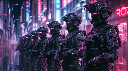 Futuristic SWAT team in neon-lit city, cyberpunk style