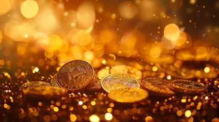 A large bag of gold coins is filled with golden light, shining brightly on the ground covered in many scattered small shiny metallic and yellow golden color copper coins.