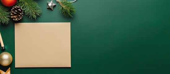 A festive mockup featuring a blank card kraft envelope wooden pencil and Christmas decoration on a green background with copy space image - Powered by Adobe