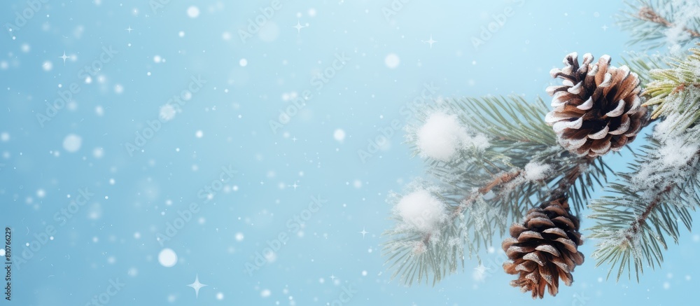 Aufkleber A snowy Christmas tree branch adorned with pine cones set against a light blue backdrop and accompanied by ample copy space for additional content