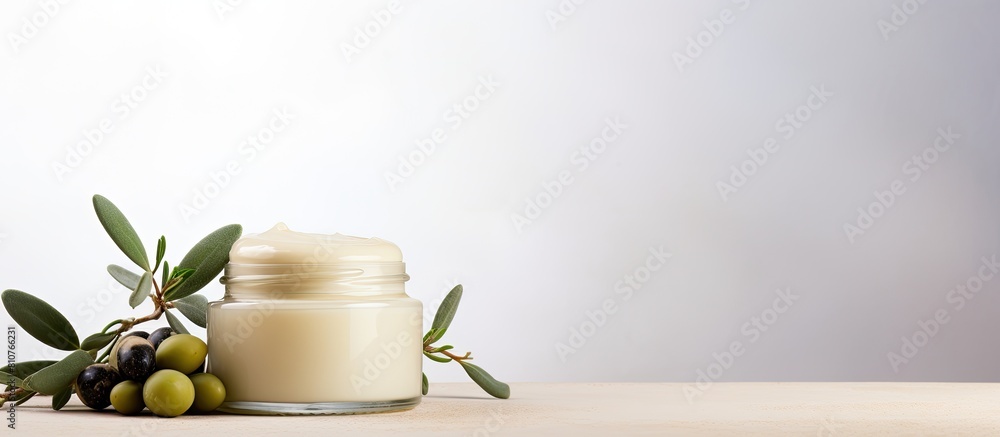 Poster A jar of natural cream accompanied by stones olives and displayed against a white background creating a copy space image for text Ideal for cosmetic products